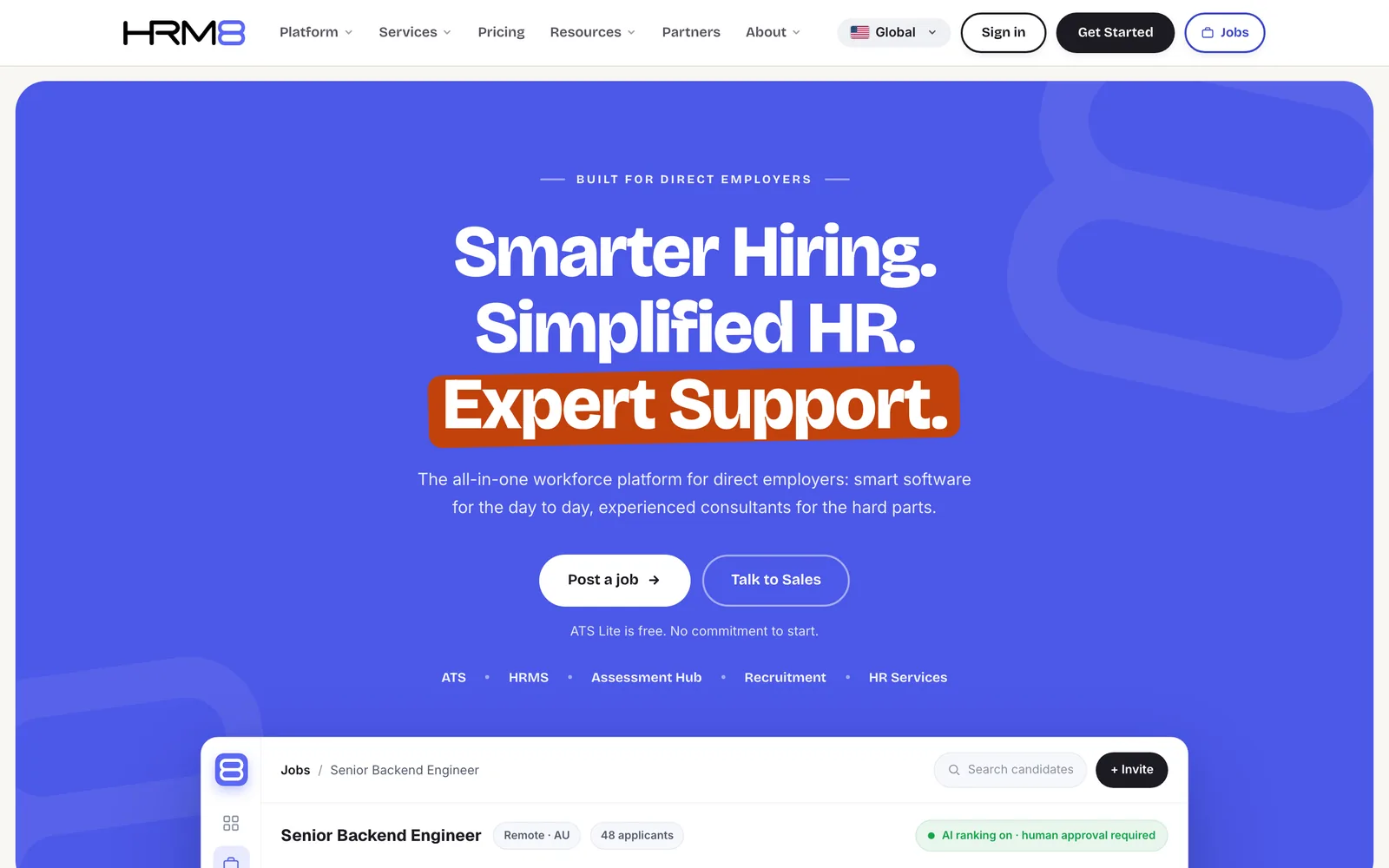 The hrm8.com home page: Smarter Hiring. Simplified HR. Expert Support.