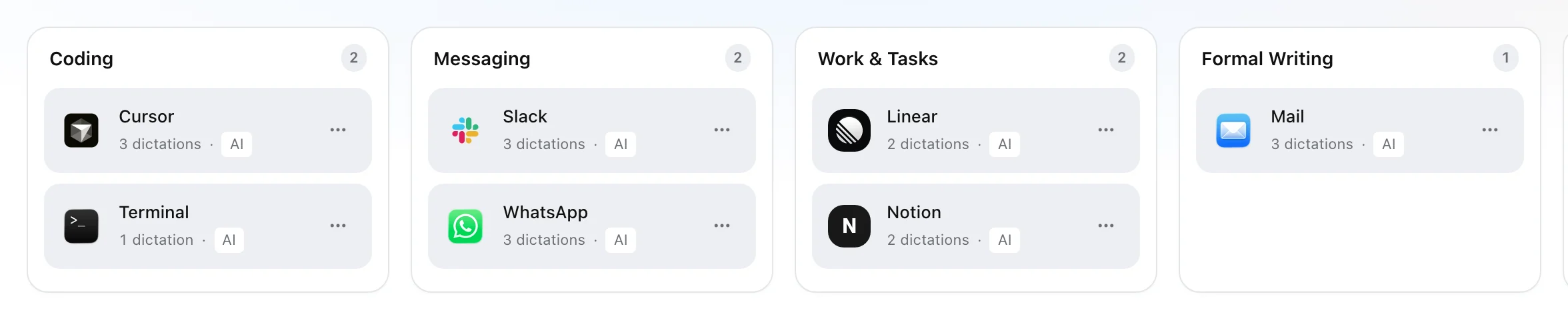 AirNote's Buckets screen: Cursor and Terminal under Coding, Slack and WhatsApp under Messaging, Linear and Notion under Work and Tasks, and Mail under Formal Writing.