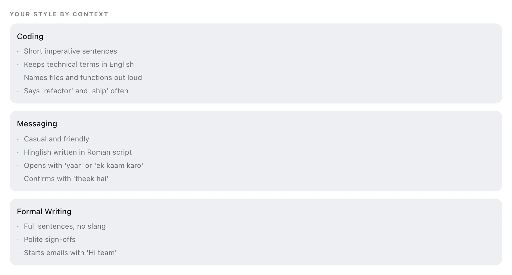 AirNote's Learnings screen, Your style by context: Coding, Messaging and Formal Writing, each with the habits AirNote has learned.